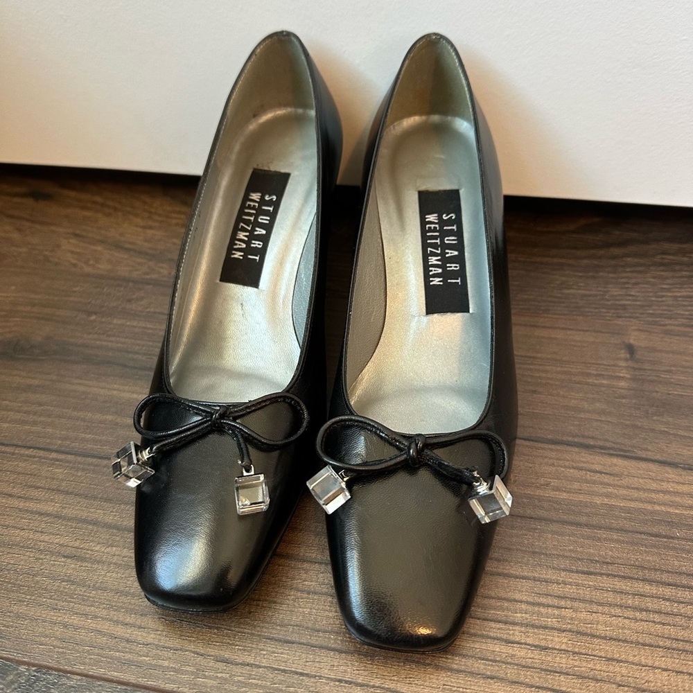 Stuart Weitzman Black Leather Mid Heel Pumps with Crystal Charms - Picture 2 of 15